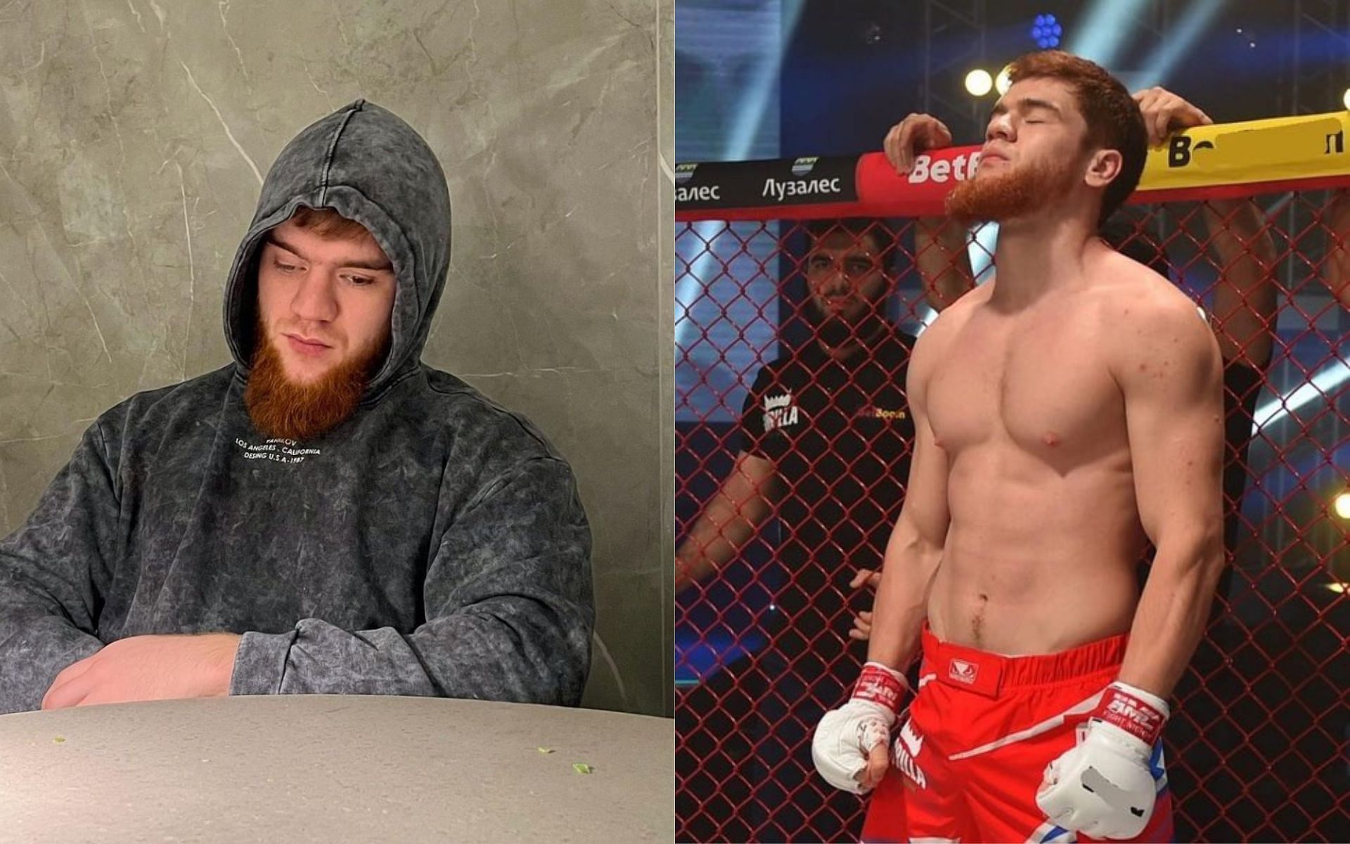 Sharaputdin Magomedov [Left] Magomedov in the cage [Right] [Images courtesy: @UsmanTime and @TBoyMMA (Twitter)]
