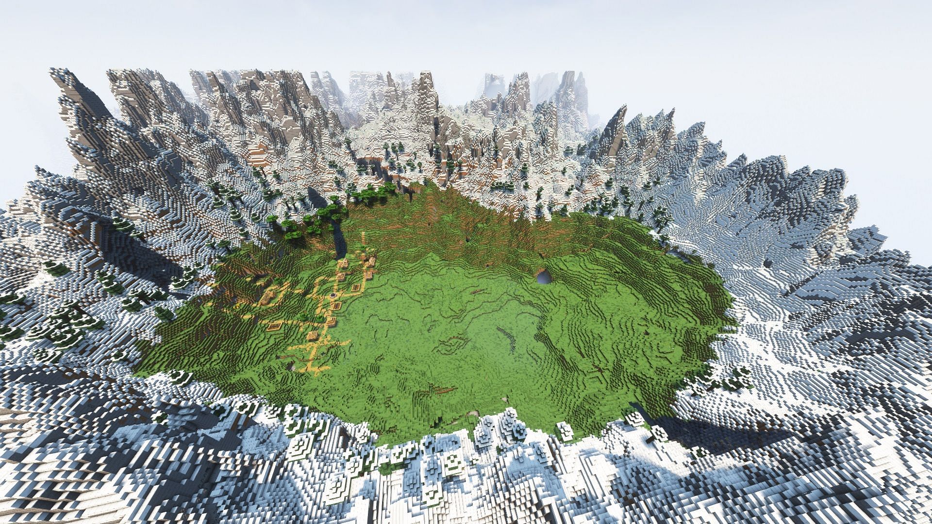 A plains village surrounded by mountains (Image via Mojang)