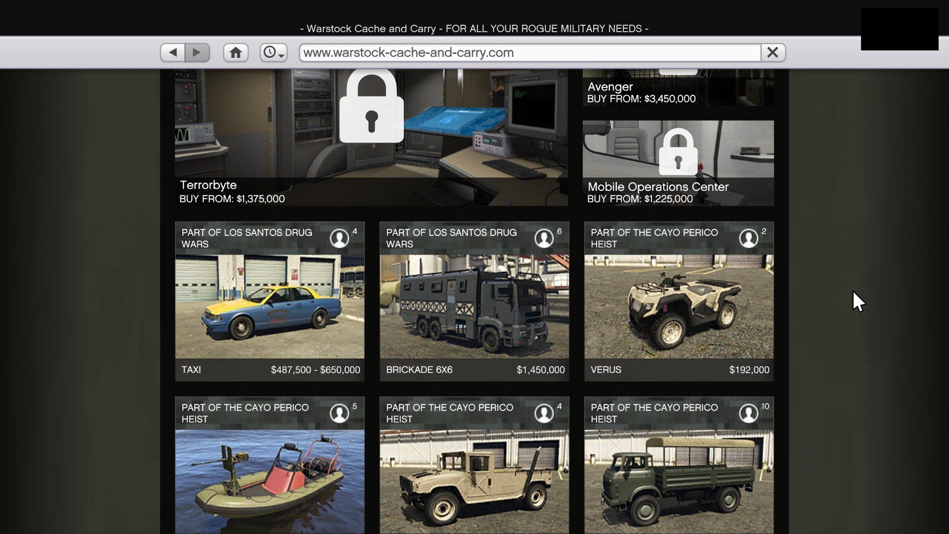 All of the Los Santos Drug Wars cars in Warstock Cache &amp; Carry (Image via WildBrick142)