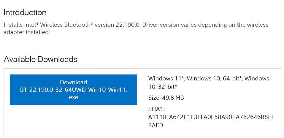 Driver download page (Image via Intel)