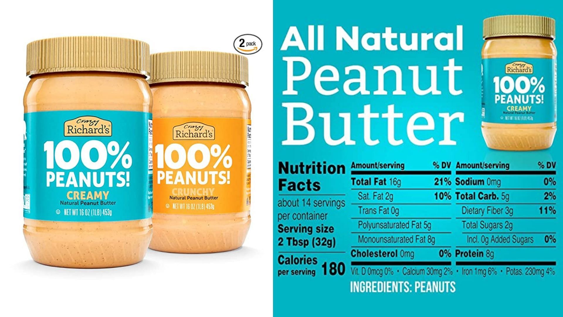 Crazy Richard&#039;s 100% All Natural Peanut Butter (Image via Amazon)