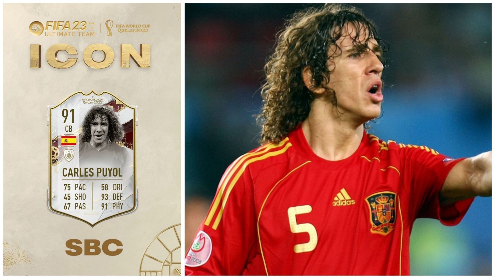 World Cup Icon Carles Puyol SBC is live in FIFA 23 (Images via EA Sports and Getty Images)