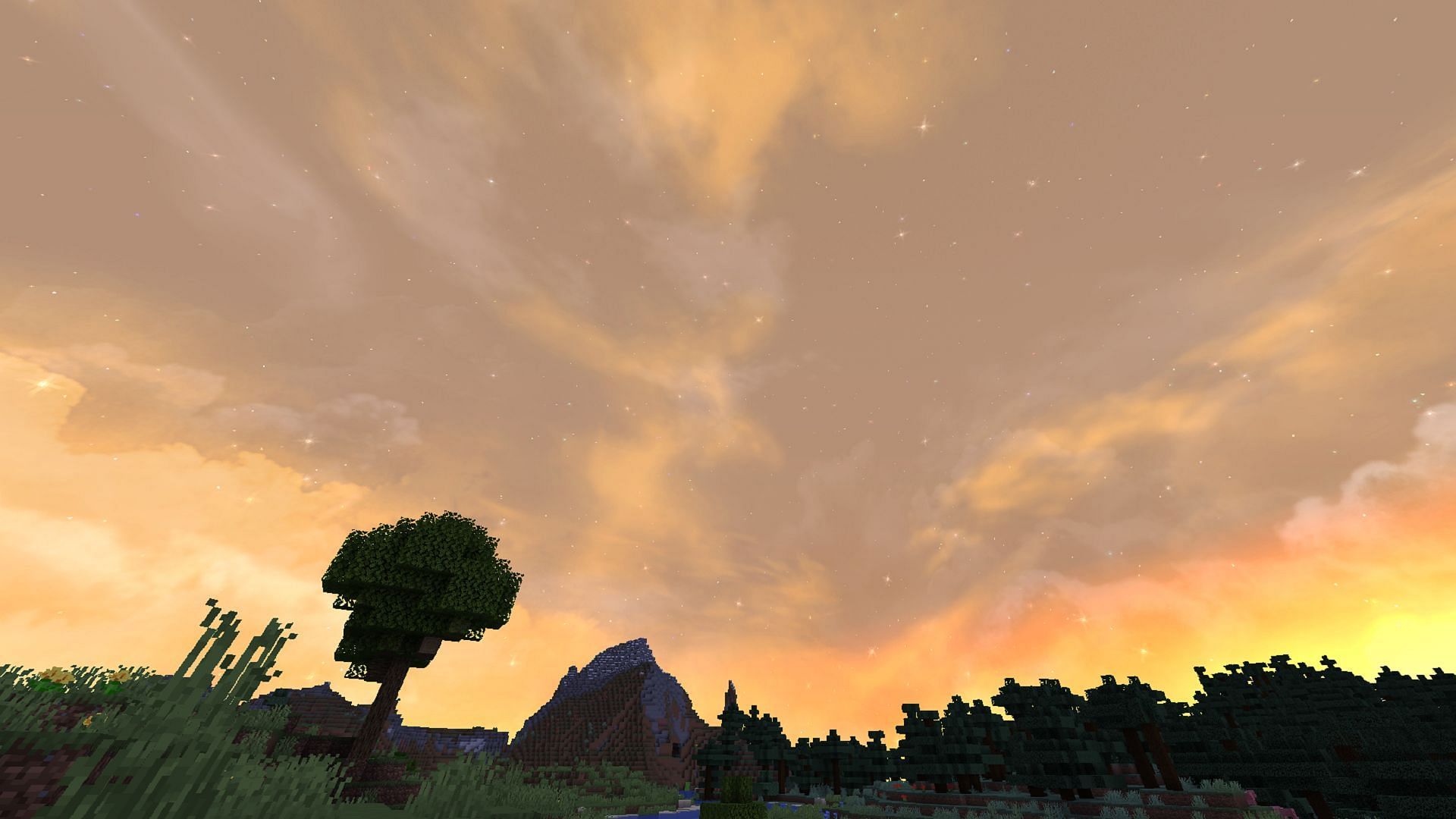 A starry sunset sky in the Fancy Skies resource pack (Image via Ratchet_97/CurseForge)
