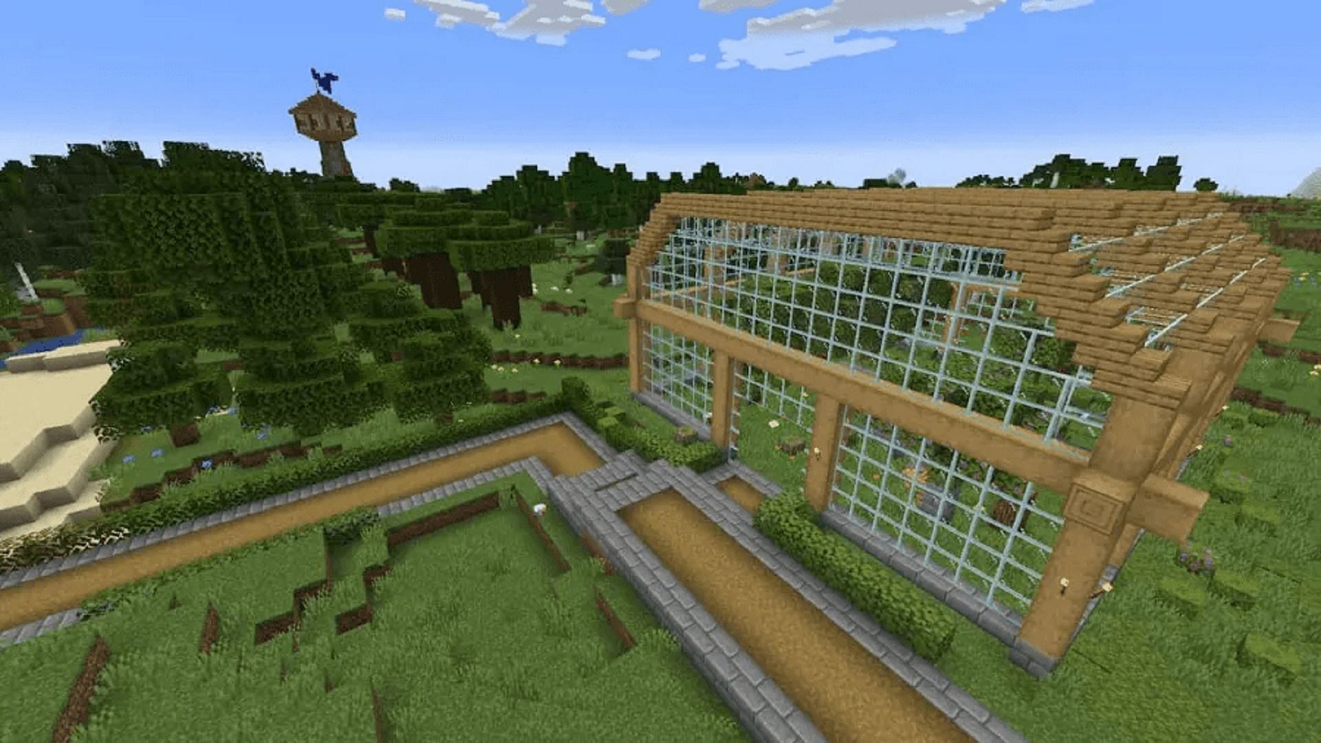 A Minecraft greenhouse can be incredibly helpful for storing your crops and other greenery (Image via Mojang)