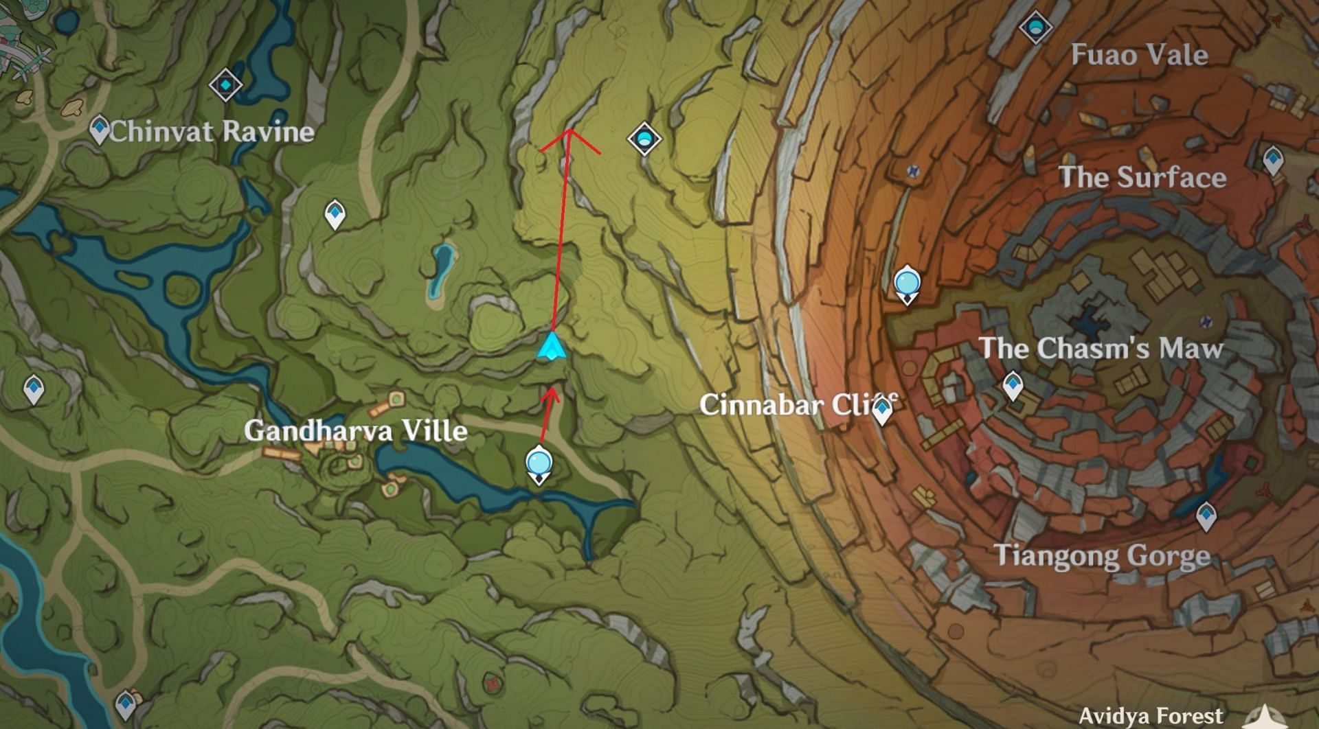 The cave in Gandharva Ville as seen on the map (Image via HoYoverse)