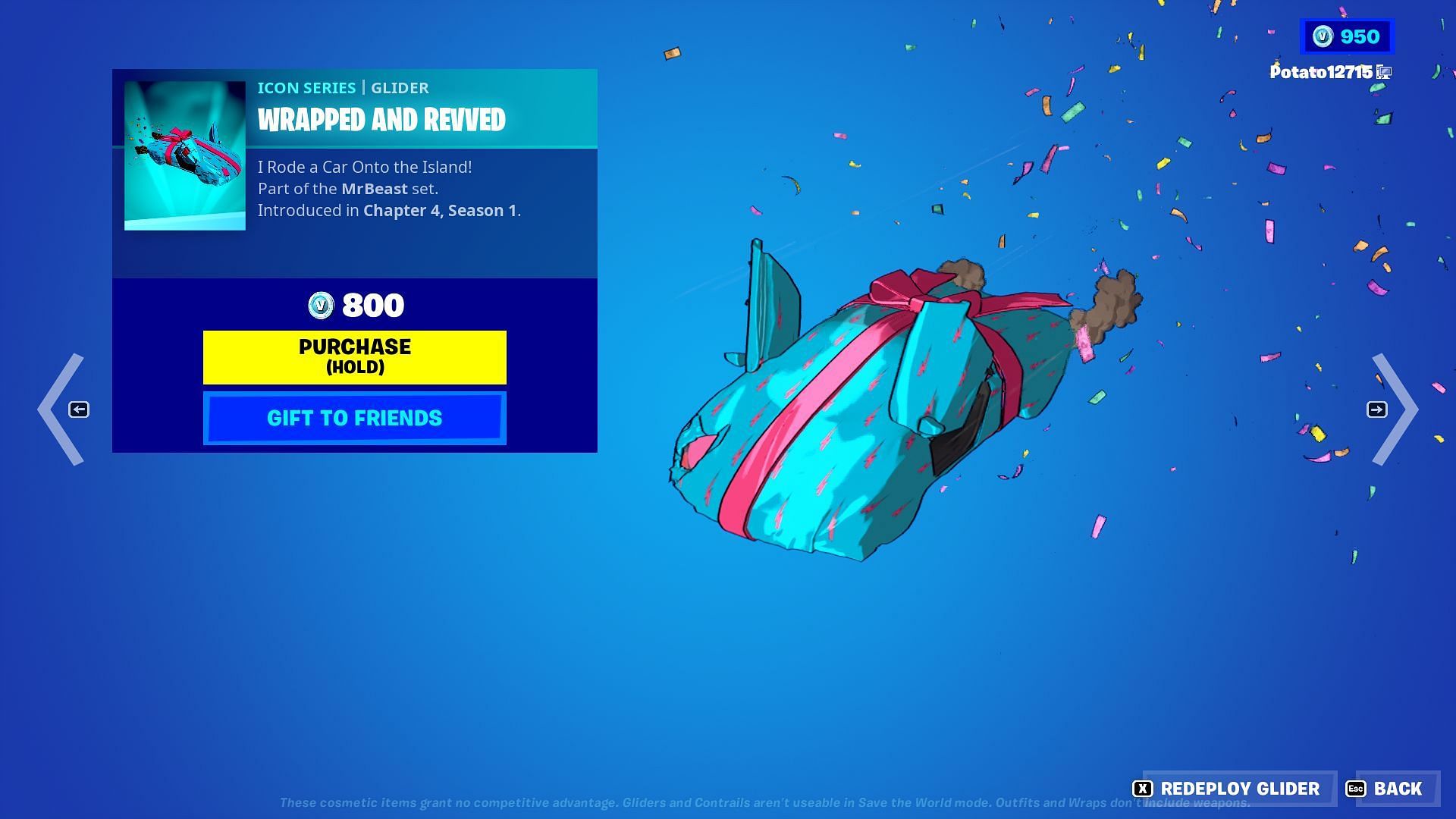 The Wrapped and Revved Glider is now priced at 800 V-Bucks (Image via Epic Games/Fortnite)