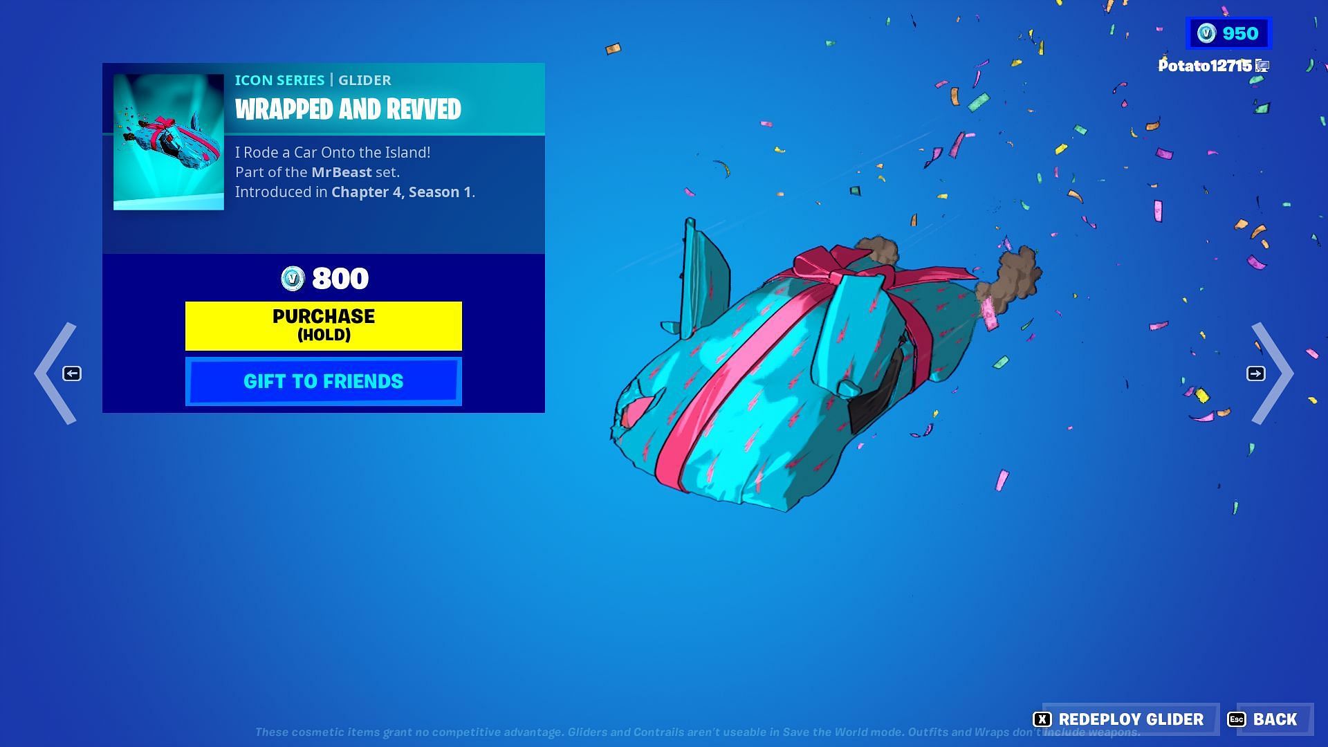 Le Planeur Enveloppé Et Revved Est Maintenant Au Prix De 800 V-Bucks (Image Via Epic Games/Fortnite)