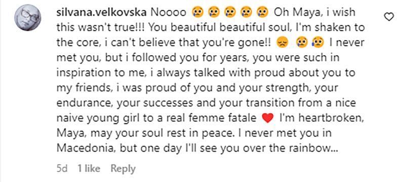 Image of a comment on Maja&#039;s Instagram (Image via Instagram/ @silvana.velkovska)