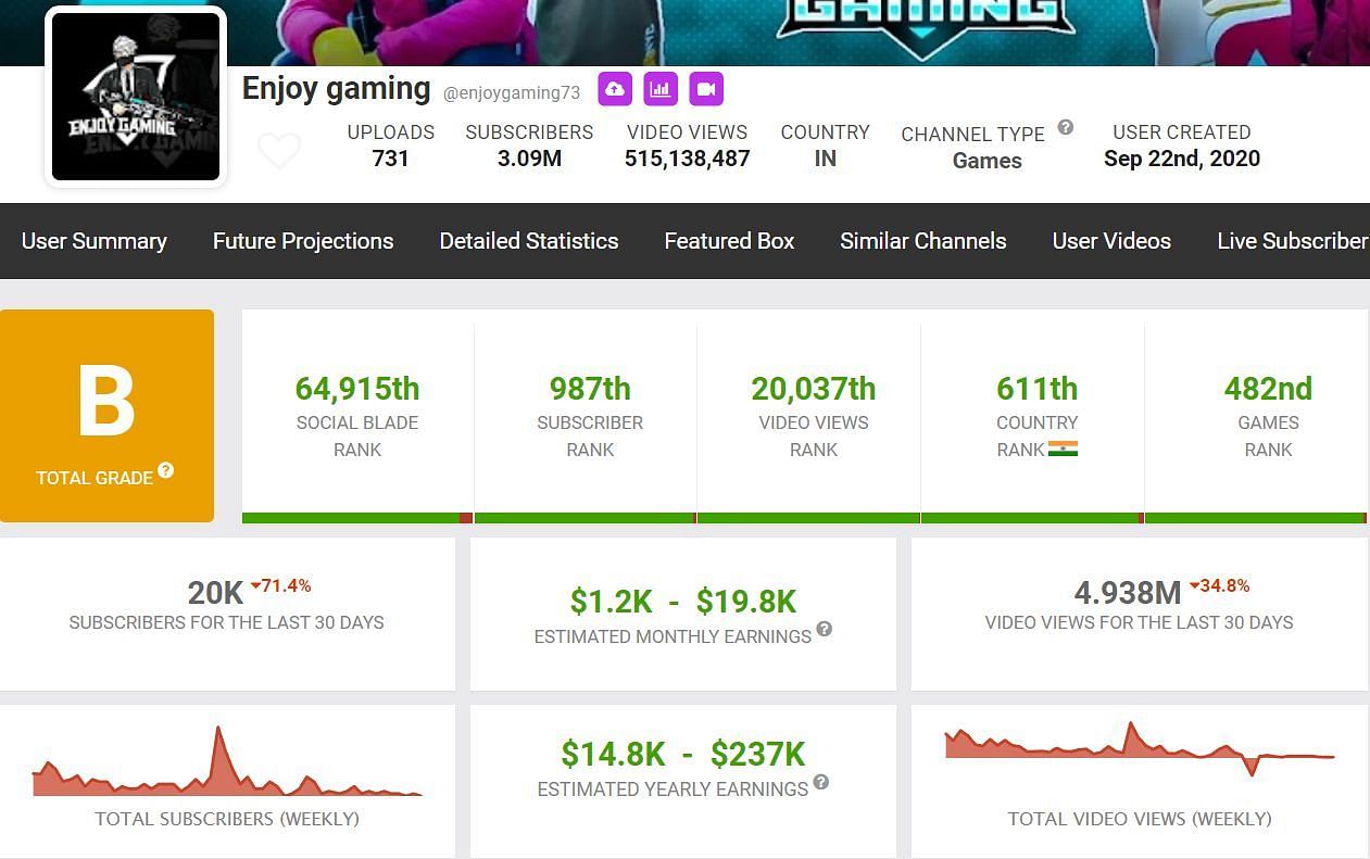 Enjoy Gaming&#039;s estimated monthly income (Image via Social Blade)
