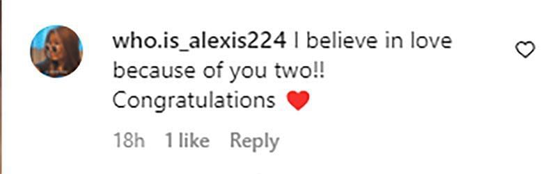 Image showing a comment congratulating the couple (image via Instagram /@who.is_alexis224)