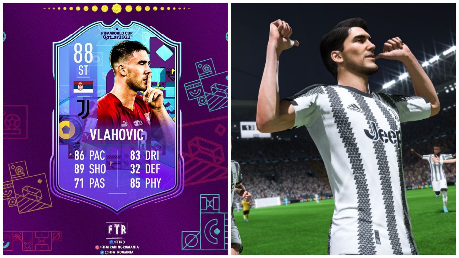 Dusan Vlahovic is rumored to receive an SBC in FIFA 23 (Images via Twitter/FIFATradingRomania and EA Sports)