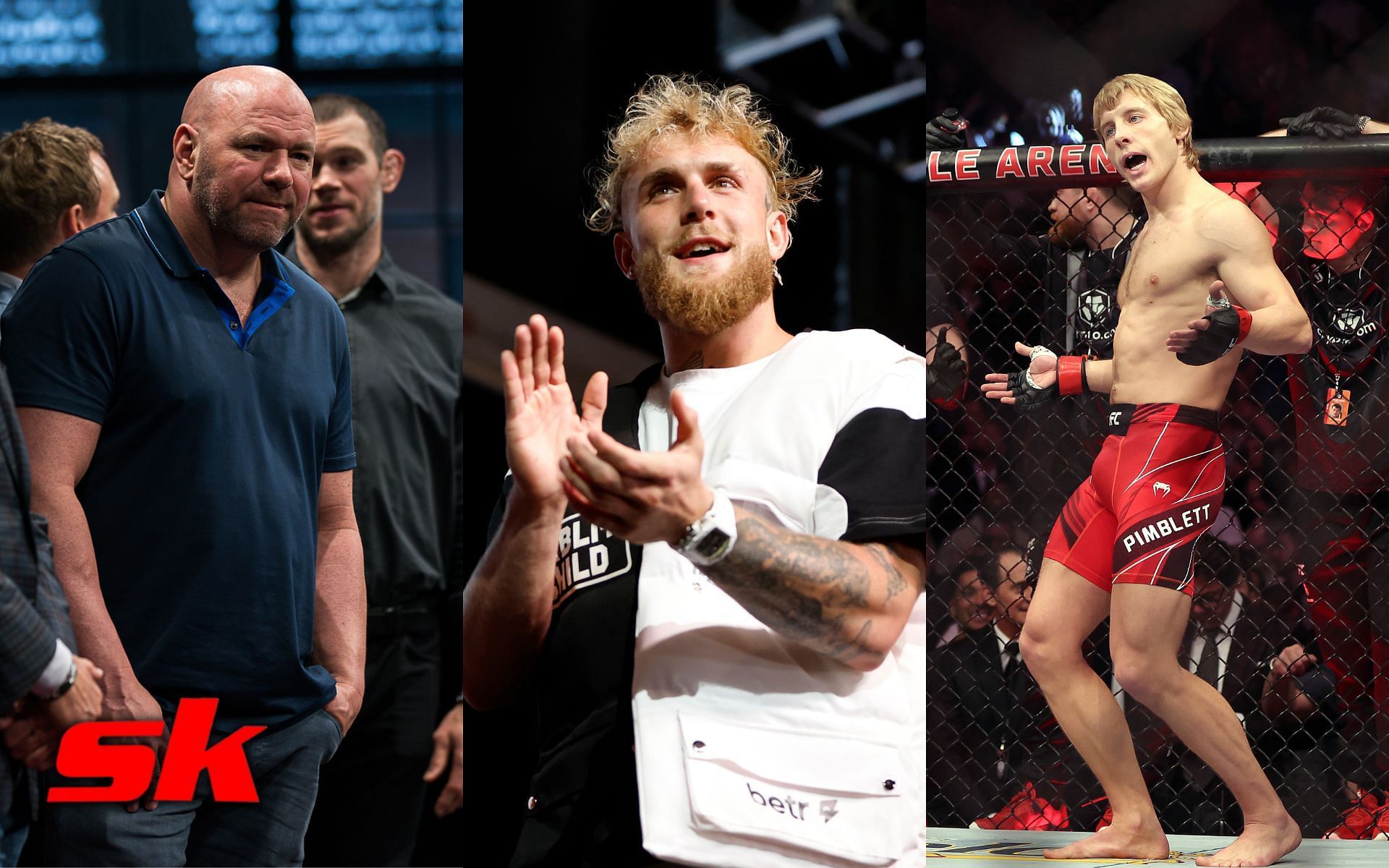 Dana White (left), Jake Paul (center), Paddy Pimblett (right)