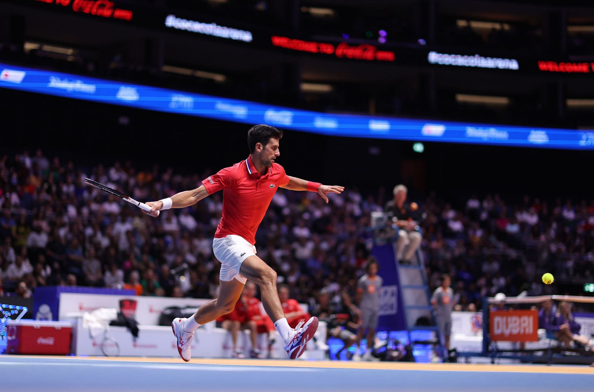 Novak Djokovic in action at the World Tennis League.