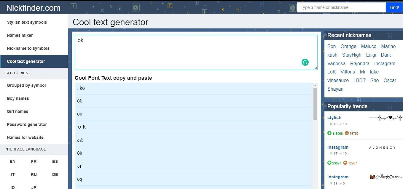 Get cool names and stylish symbols on Nickfinder (Image via Nickfinder.com)