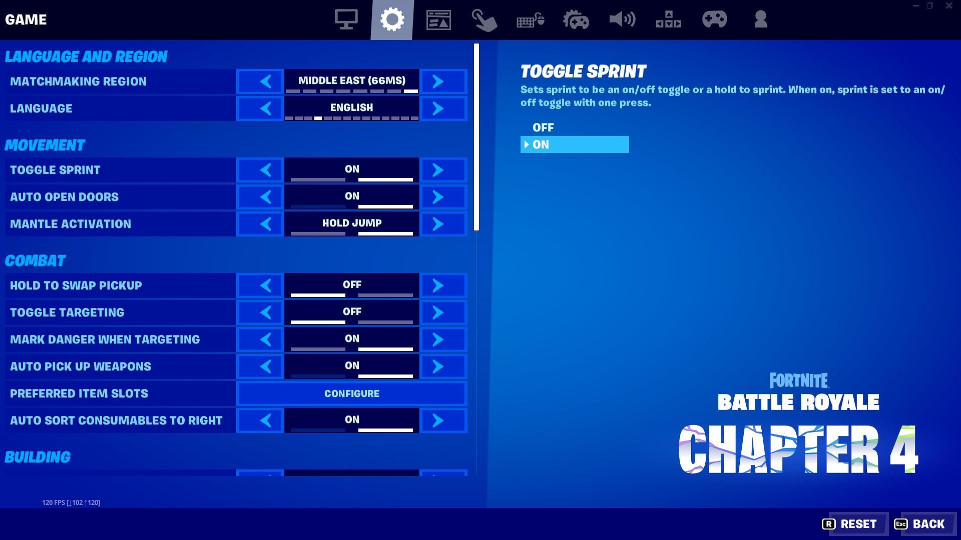 Toggle Sprint on in game settings (Image via Sportskeeda)