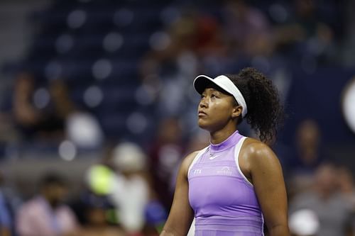 Naomi Osaka reacts during the second set against Danielle Collins at the 2022 US Open