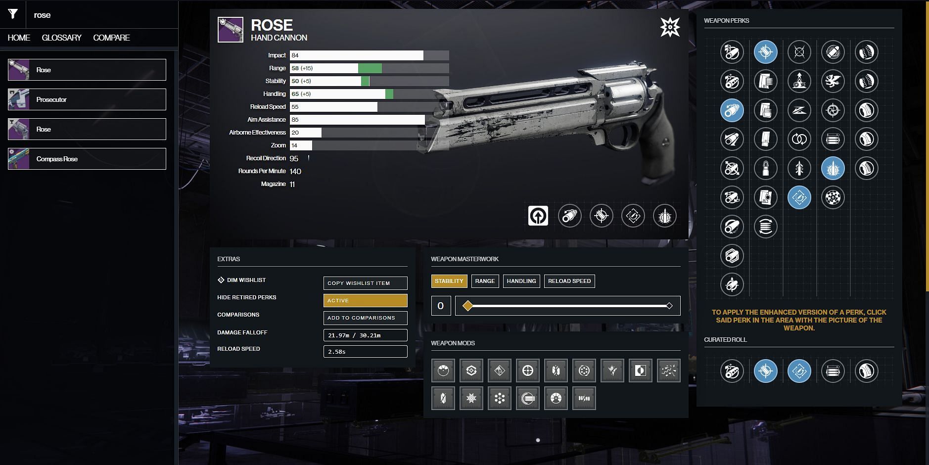 PvP god roll for Rose (Image via Destiny 2 Gunsmith)