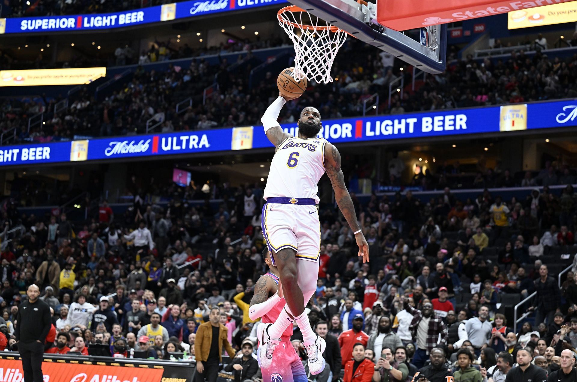LeBron James of the Los Angeles Lakers dunks the ball