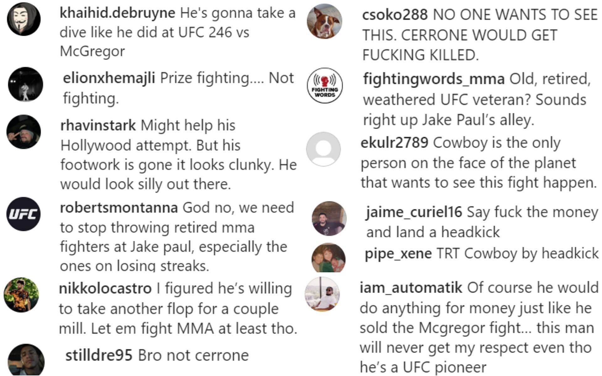 Fans react to a possible matchup between Paul and Cerrone. [via Instagram]