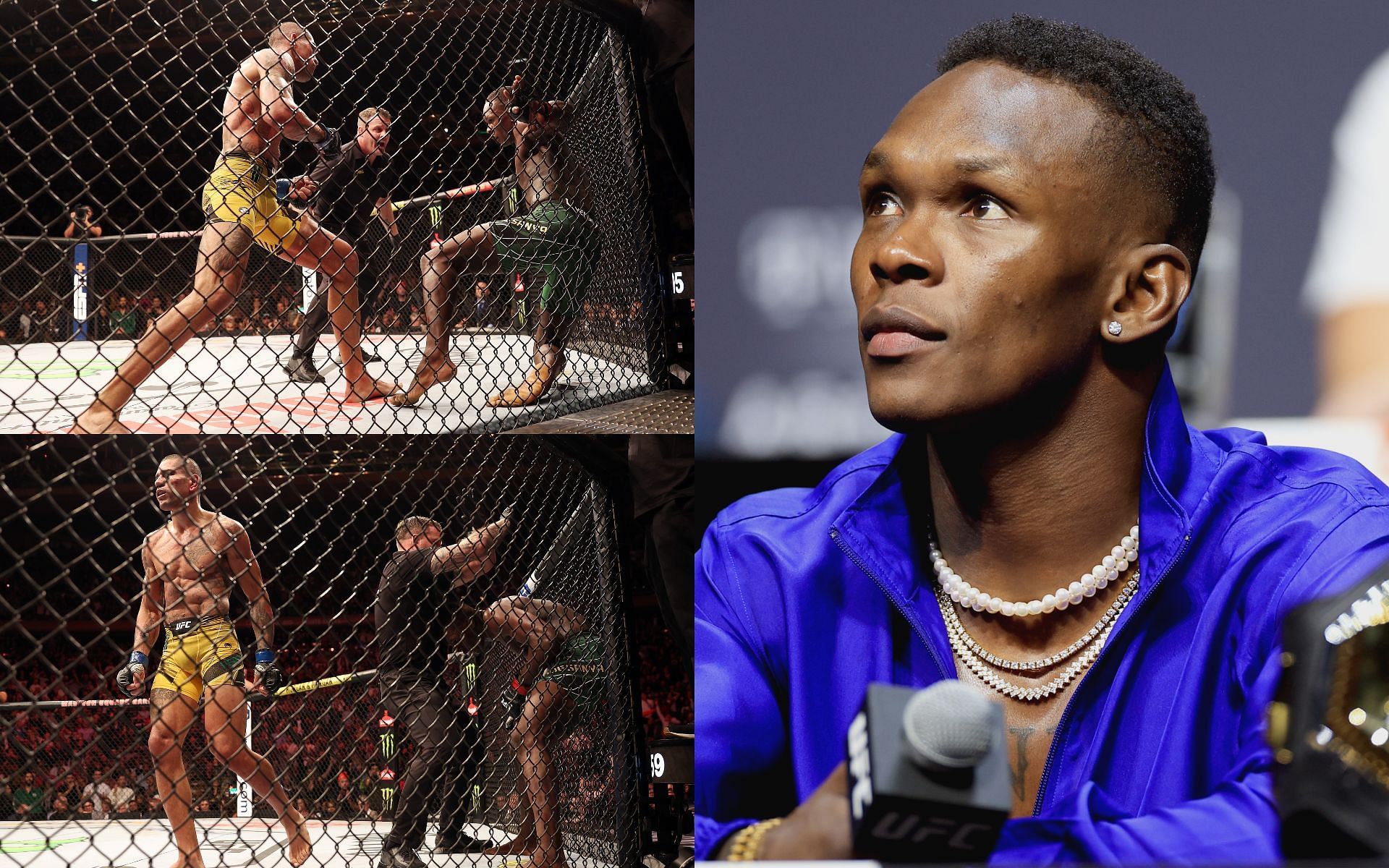 Pereira vs. Adesanya at UFC 281 (Top and Bottom Left); Israel Adesanya (Right)