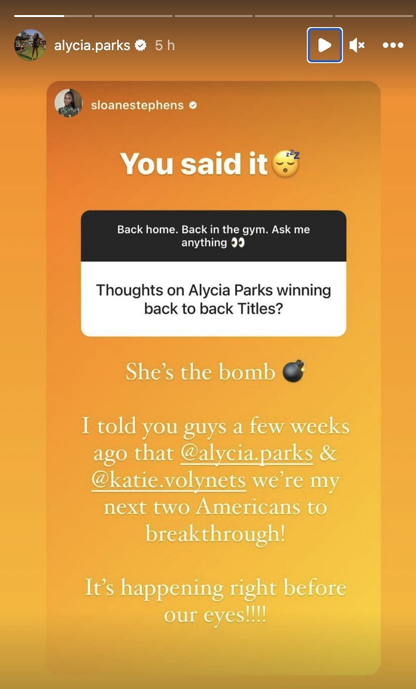 Alycia Parks on Sloane Stephens predicting her and Katie Volynets as the next two Americans to break through.
