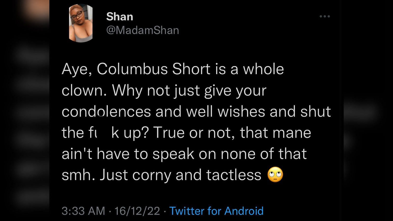 Screenshot of a tweet criticizing Columbus Short&#039;s theory