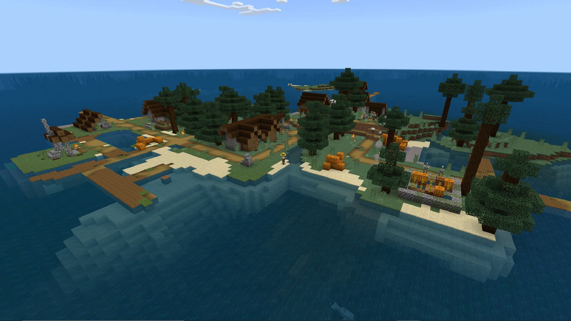 This Minecraft seed sees players on a taiga biome survival island, but they&#039;re not alone (Image via Mojang)