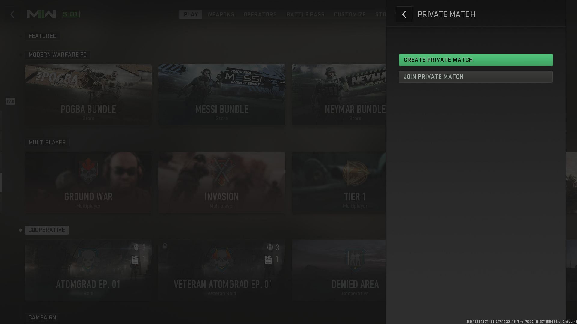 Selecting &#039;Create Private Match&#039; in Modern Warfare 2 (Image via Activision)
