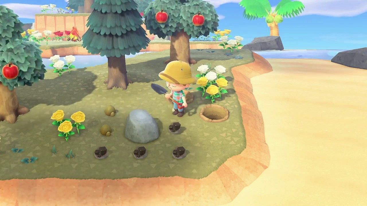 Mining rocks to get Iron Nuggets in Animal Crossing: New Horizons (Image via Nintendo)