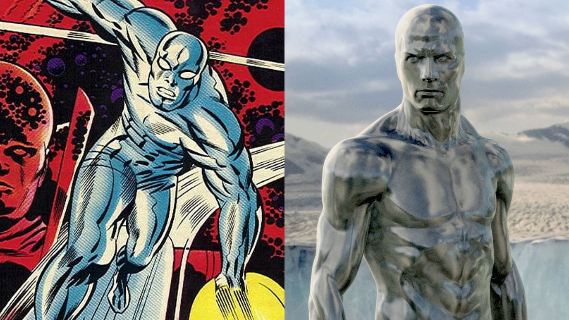 Left: Silver Surfer in comics, Right: Silver Surfer played by Doug Jones and Laurence Fishburne in Fantastic Four: Rise of the Silver Surfer (Images via Marvel/20th Century Fox)