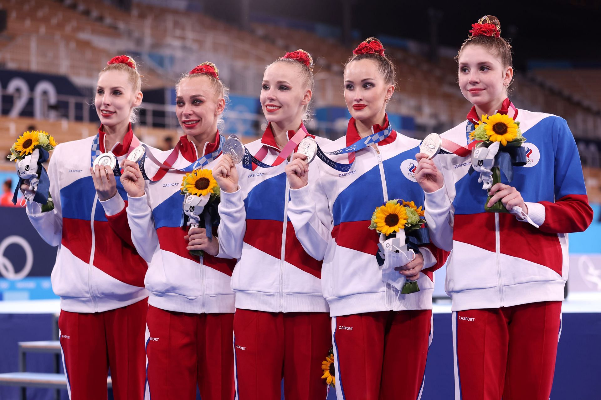Silver medalists Team ROC pose after the Group All-Around Final at the Tokyo Games