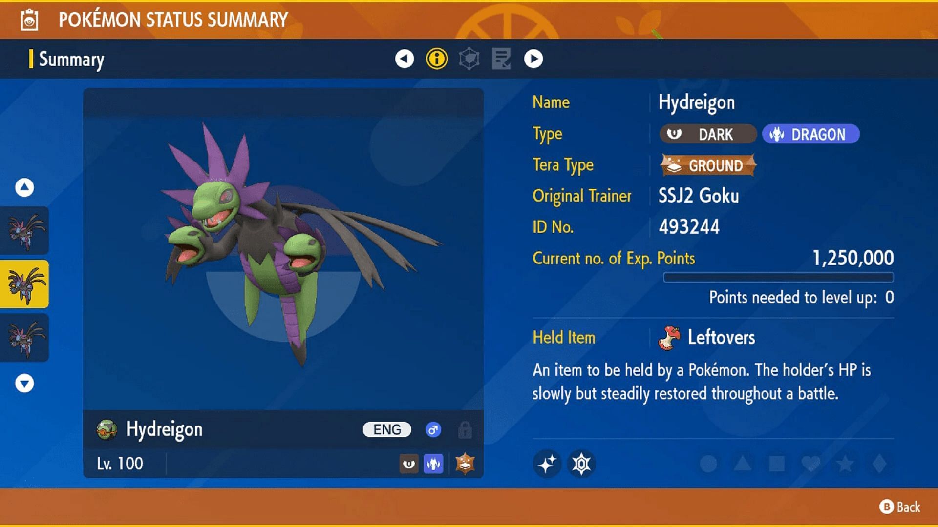 Shiny Hydreigon as it appears in the Pokedex in Pokemon Scarlet and Violet (Image via Game Freak)