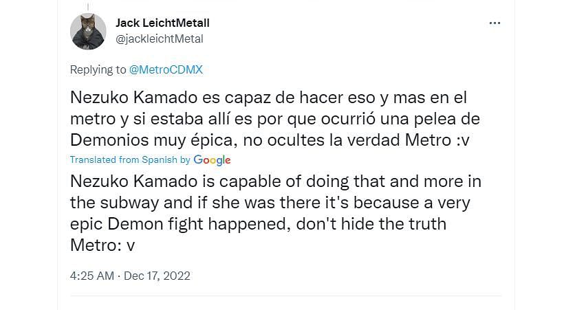 Screenshot of a Twitter user&#039;s response to @MetroCDMX (Image via Twitter)