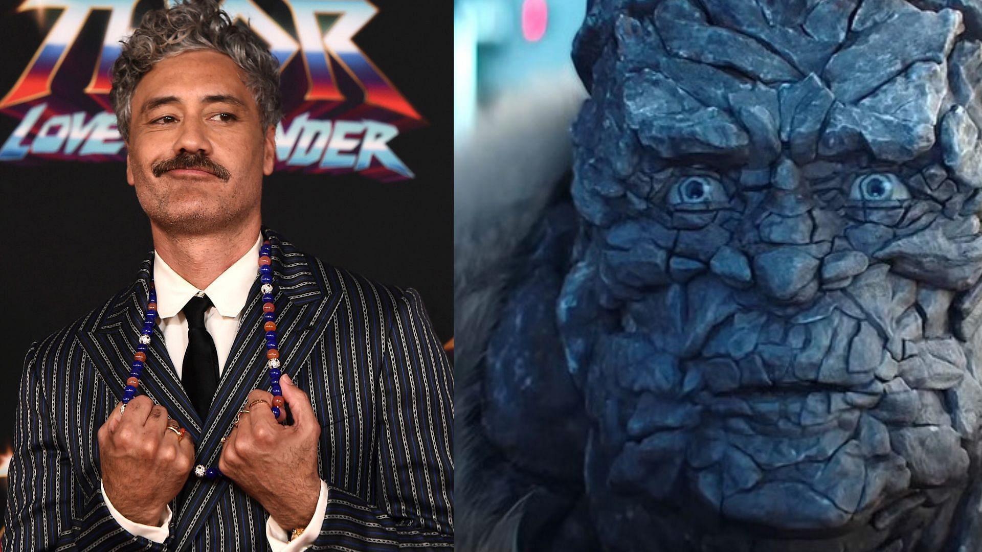 Left: Taika Waititi, director of  Love and Thunder at the premiere, Right: Korg (voiced by Taika Waititi)(Image Credit: Marvel Studios)