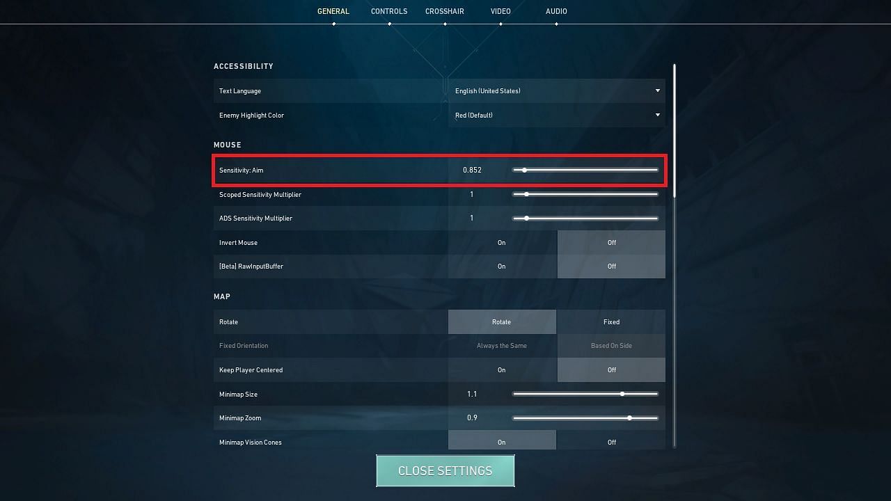 Players&rsquo; aim sensitivity in the FPS title can be found under Settings &gt; General &gt; Sensitivity: Aim (Image via Riot Games)