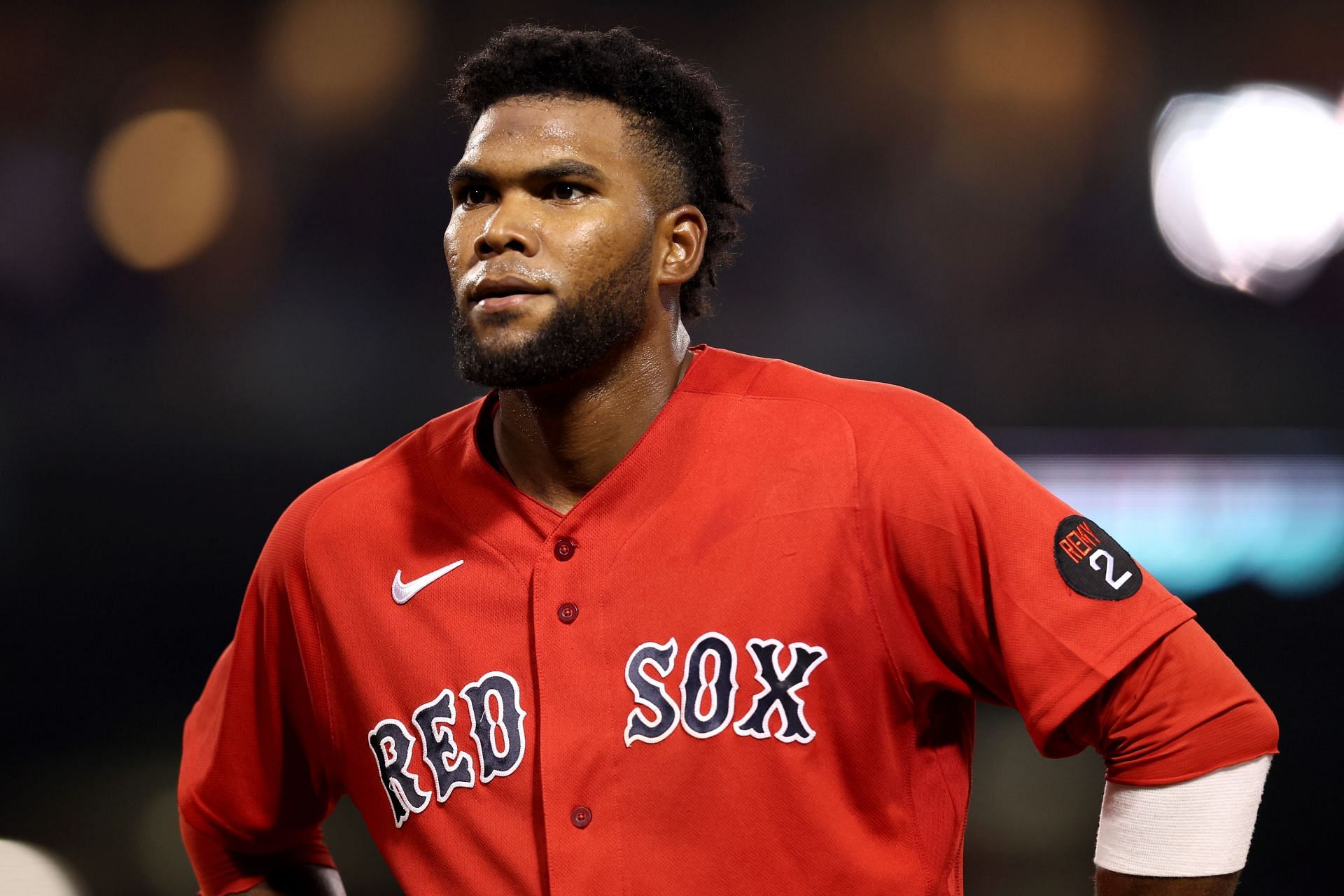 Franchy Cordero looks on during the fourth inning against the Toronto Blue Jays at Fenway Park