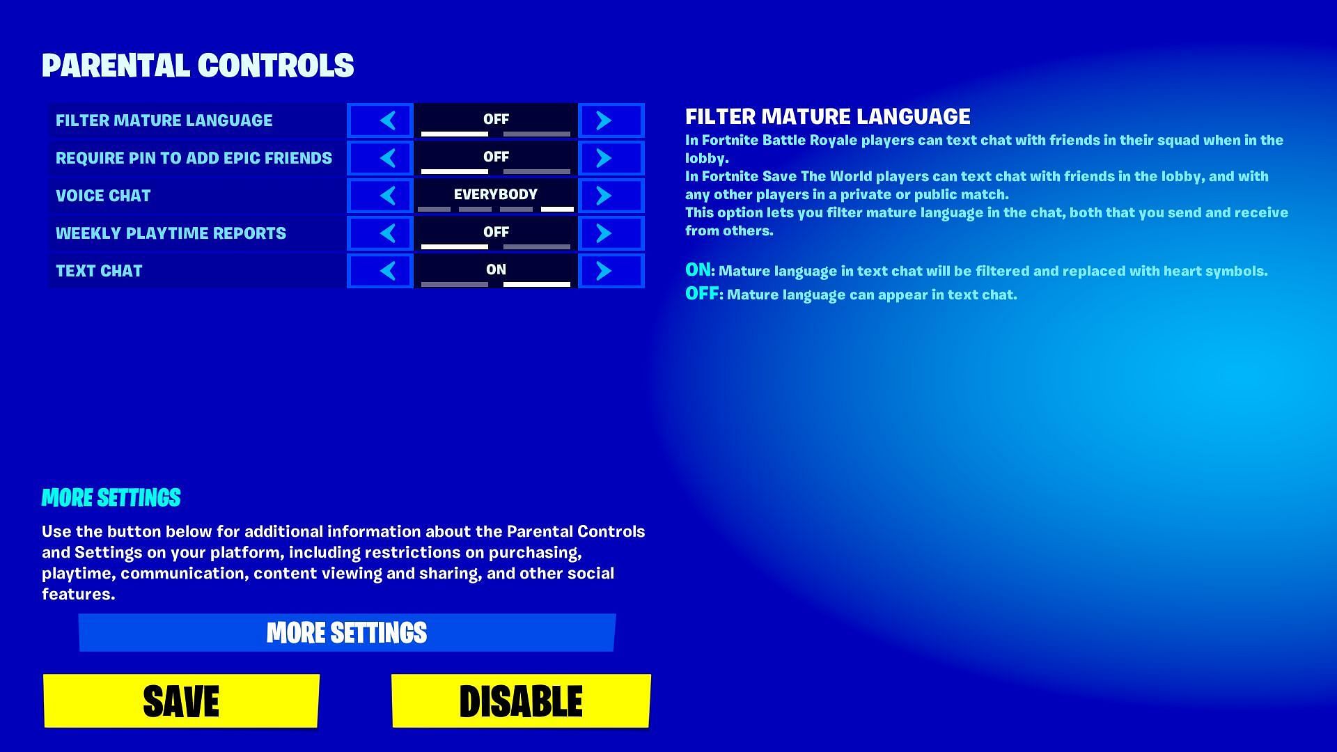 Press the &quot;Disable&quot; button to turn off Parental Controls (Image via Epic Games)