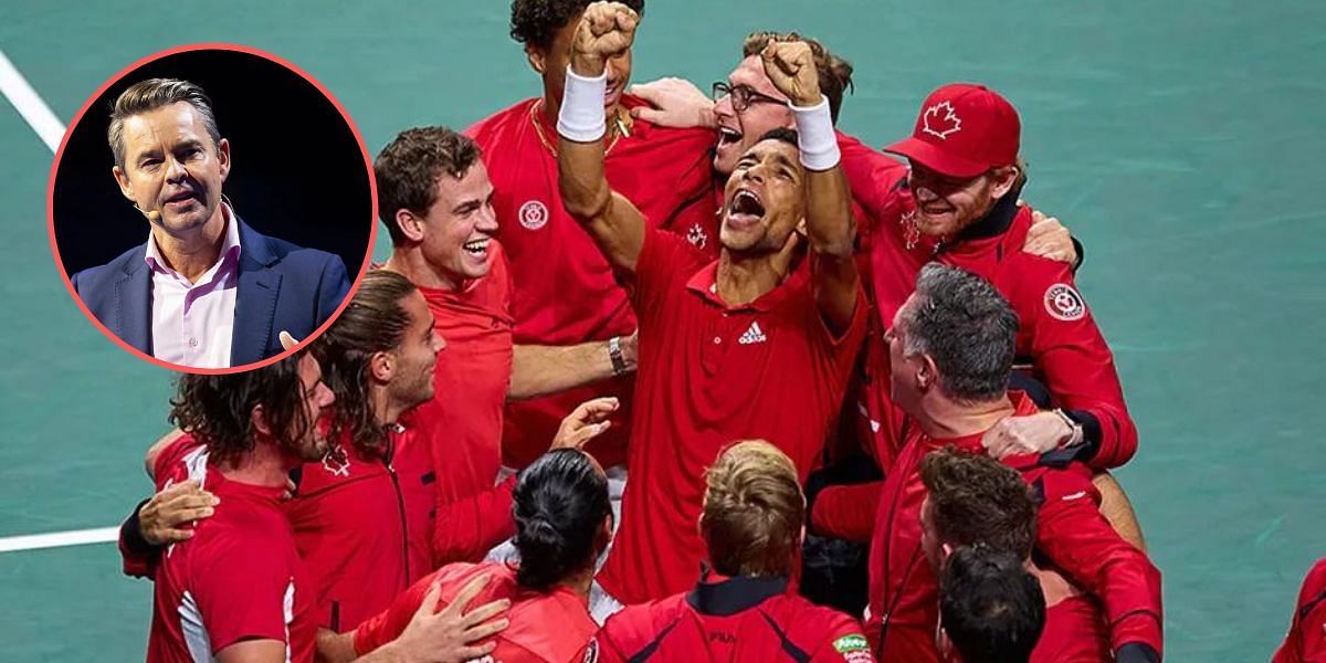 Team Canada celebrating Davis Cup triumph and Todd Woodbridge (inset)