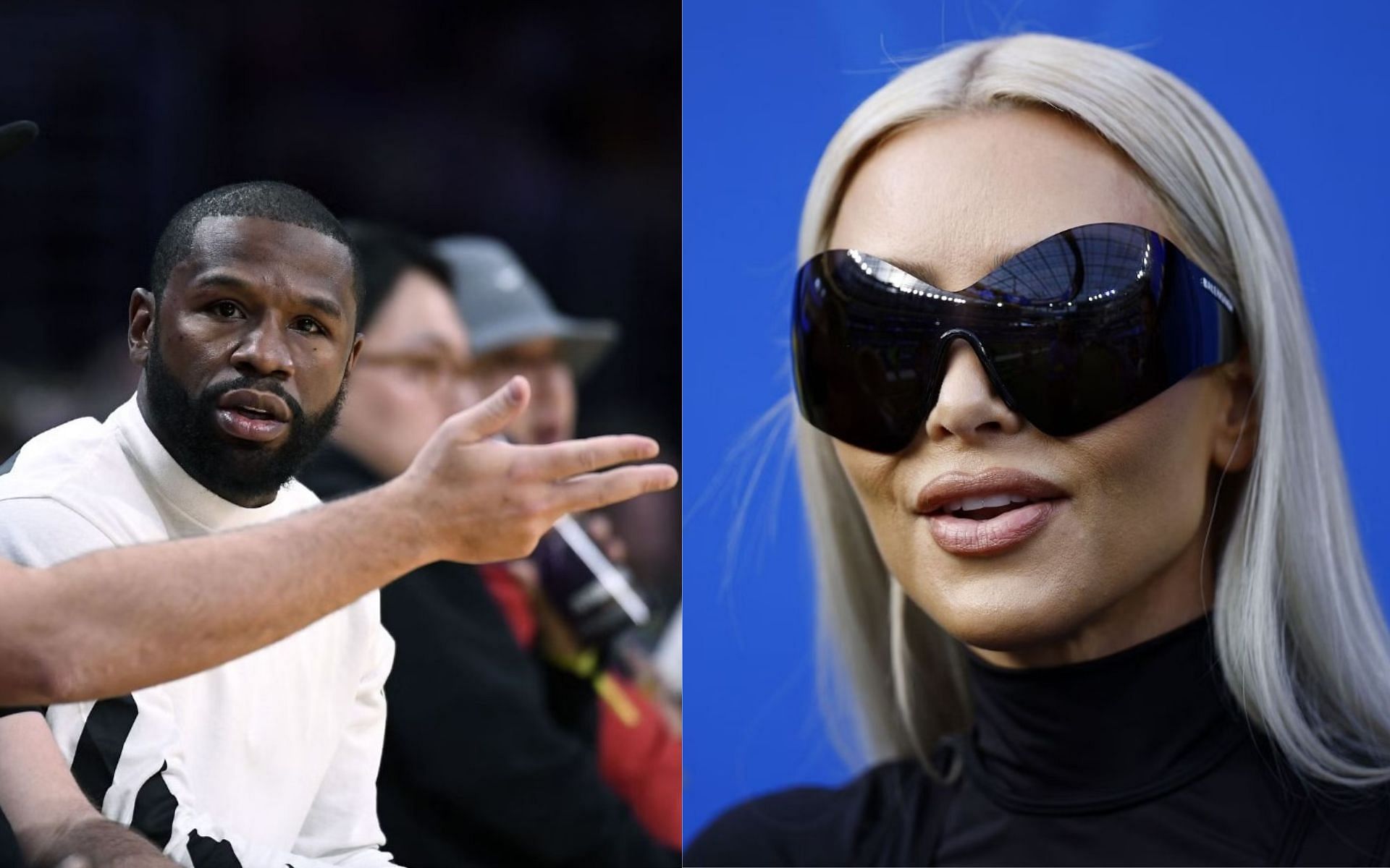 (L-R) Floyd Mayweather at a Los Angeles Lakers game, Kim Kardasian poses for papparazzi. (Images Credits: Getty Images)