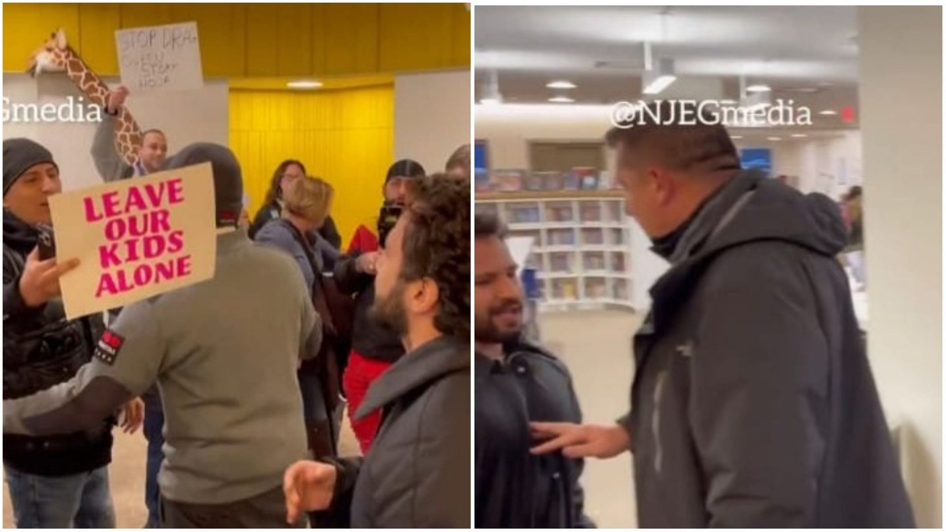 On Saturday, a man was arrested for confronting protesters at a Drag Story Hour organized a Manhattan public library. (Images via Twitter @/NJEG Media)