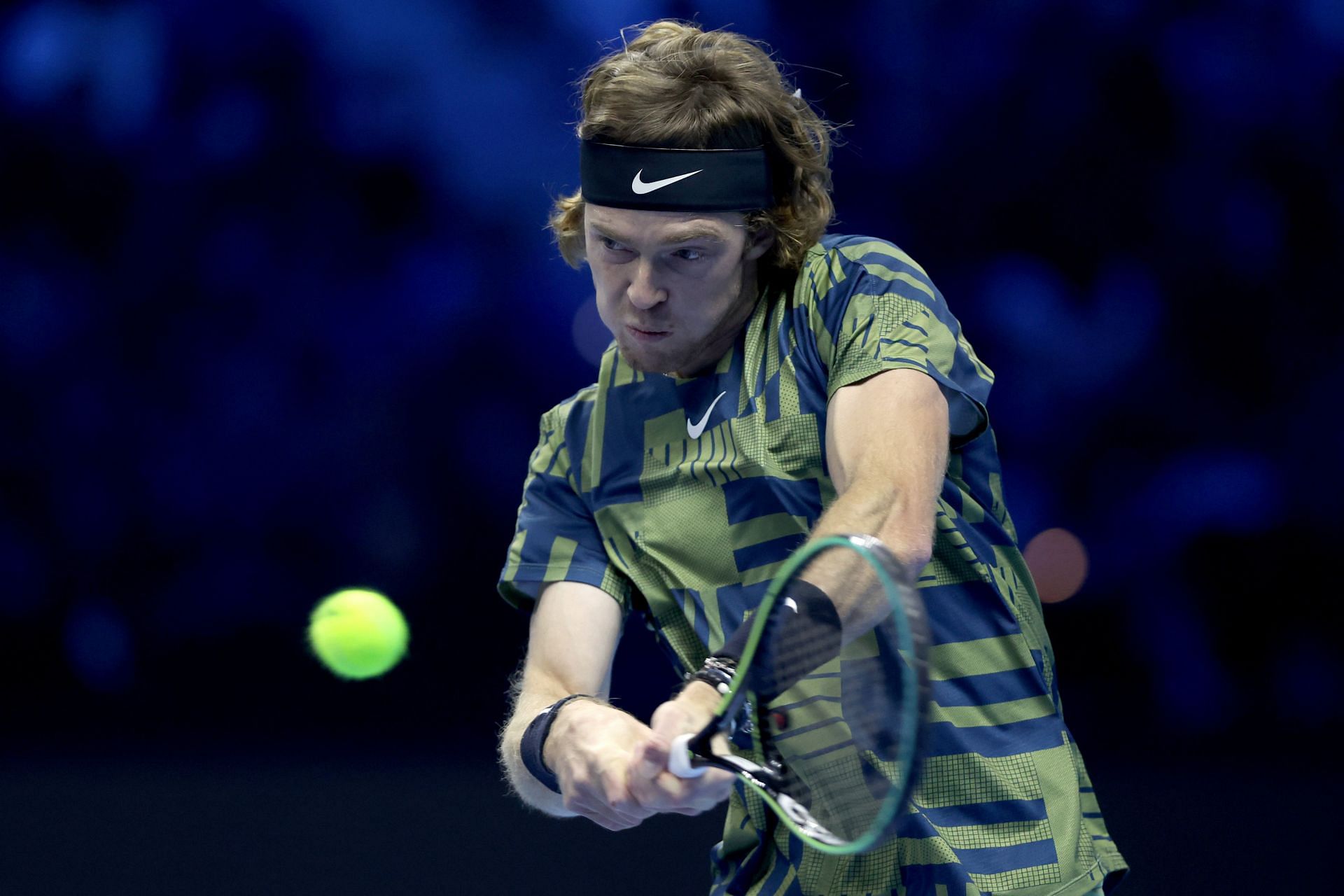 Andrey Rublev of Russia returns a shot to Casper Ruud