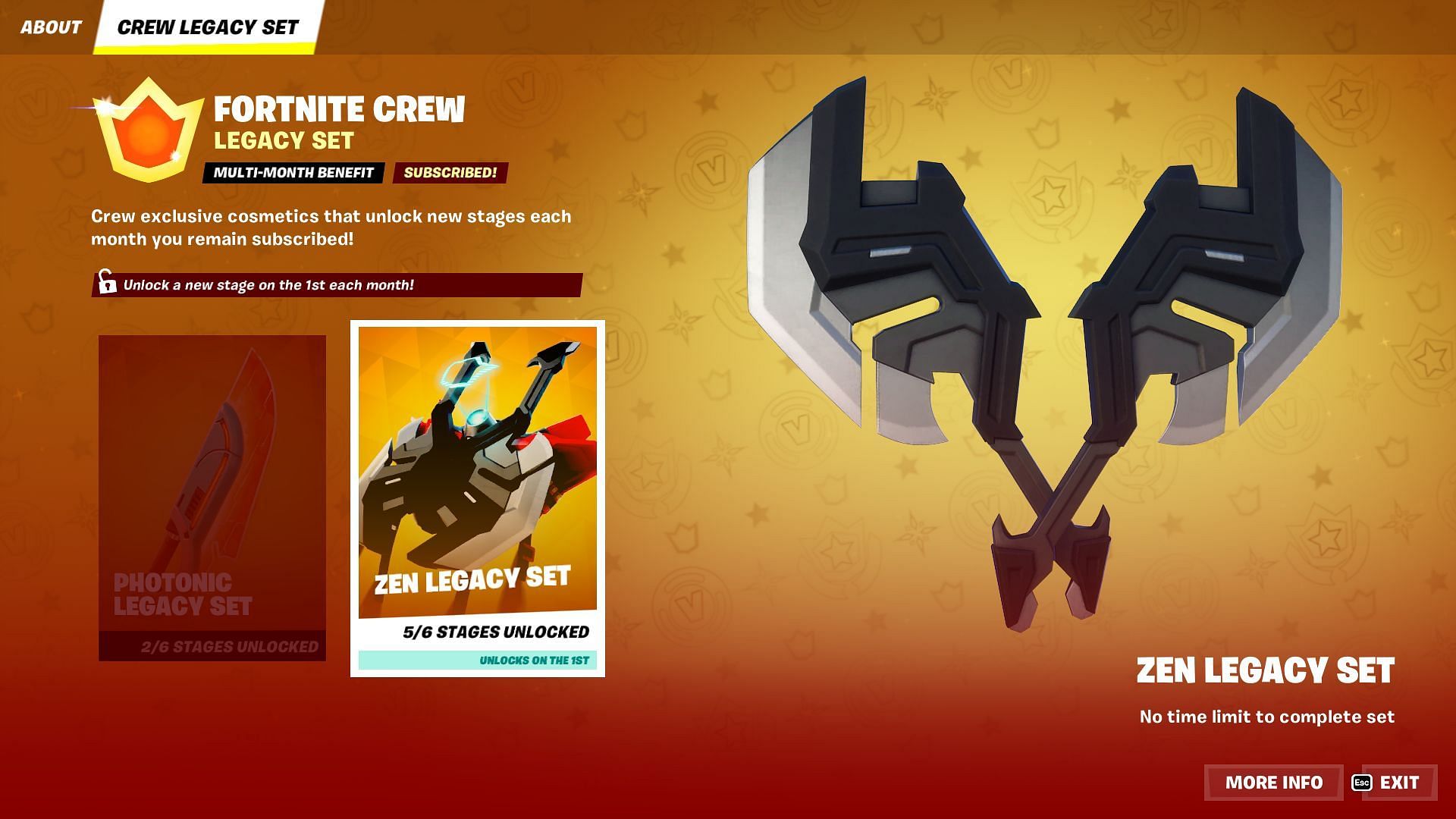 Crew subscribers will unlock the next stage of Photonic and Zen Legacy Sets on January 1, 2023 (Image via Epic Games/Fortnite)