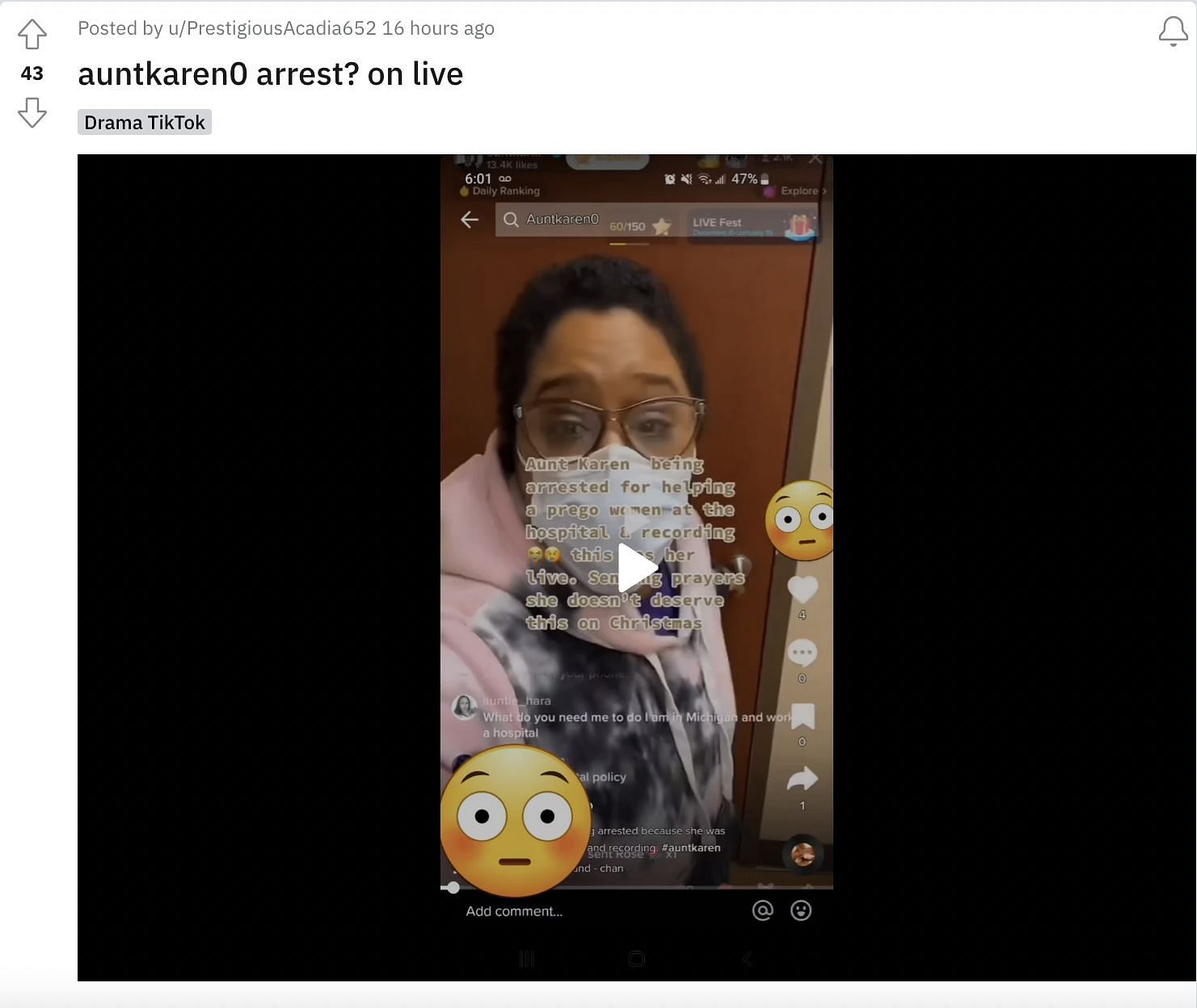 A user on Reddit shared a video of auntkaren0, who uploaded a live footage of the police allegedly arresting her. (Image via Reddit)