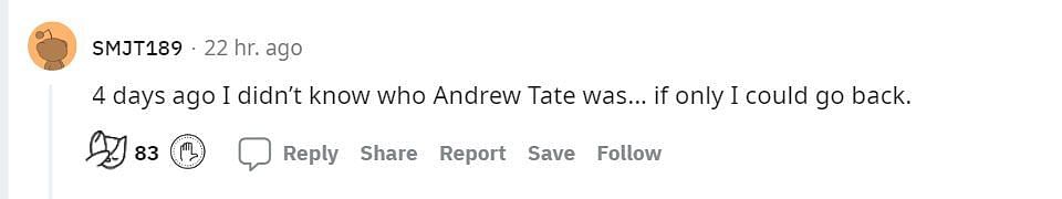 A comment showing a reaction to Tate&#039;s rap video (Image via Reddit/@SMJT189)