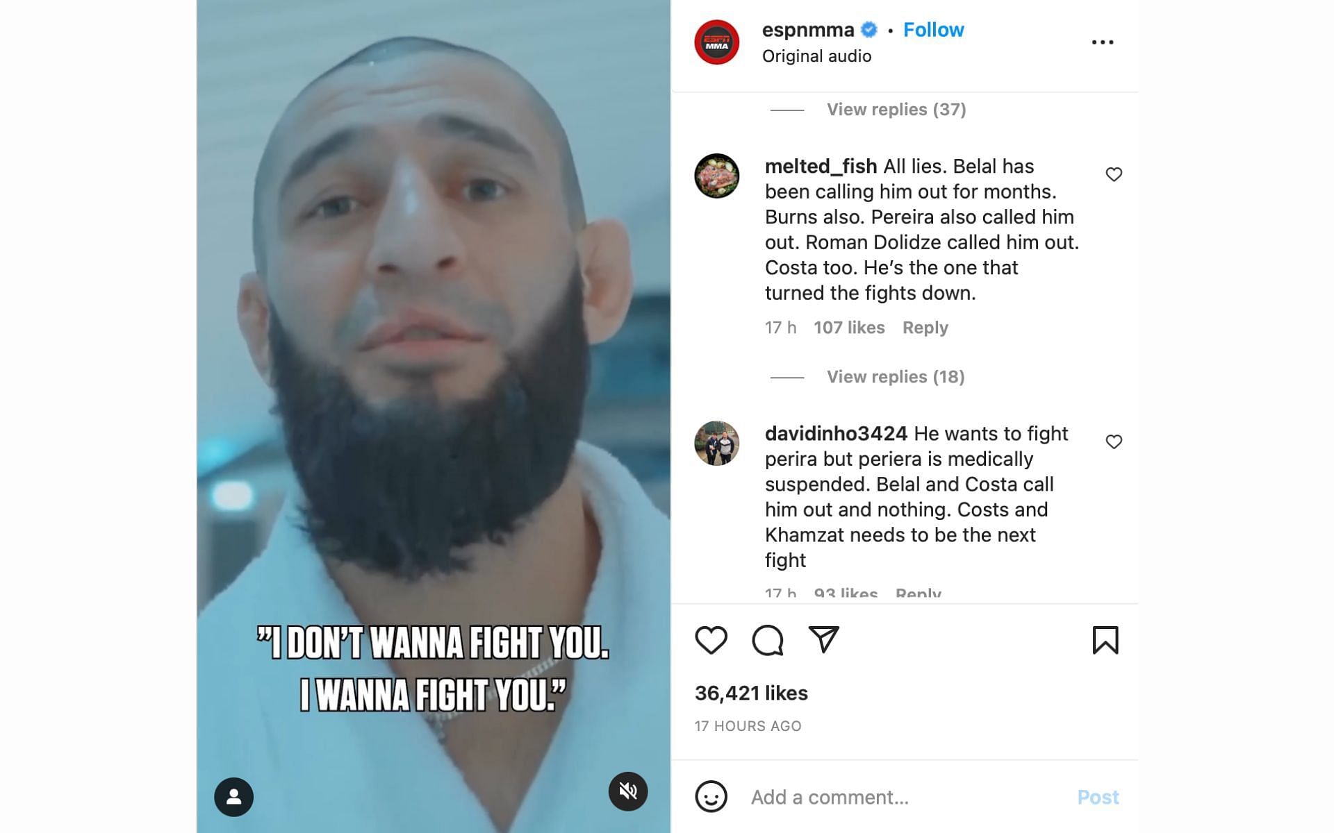 @melted_fish calling out Khamzat Chimaev [Image courtesy: @espnmma (Instagram)]