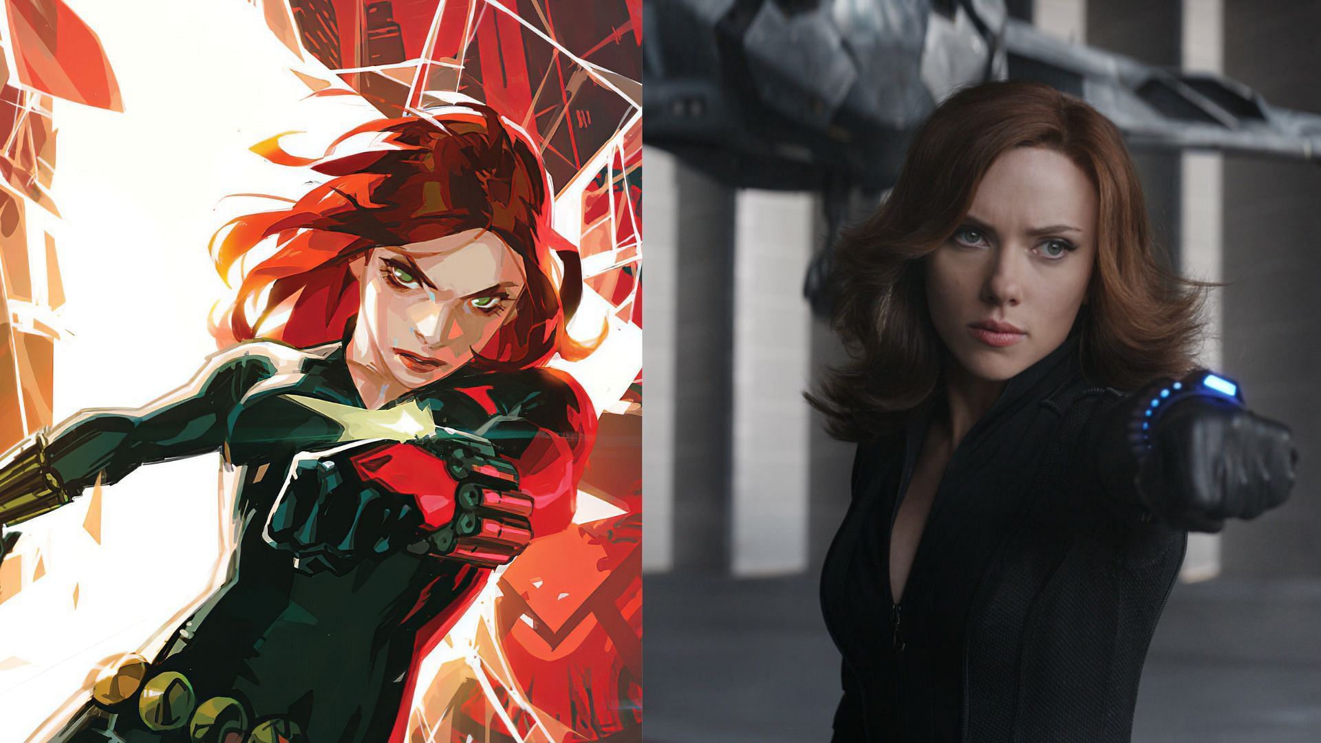 Left: Black Widow in comics, Right: Black Widow played by Scarlett Johansson in the MCU (Images via Marvel)