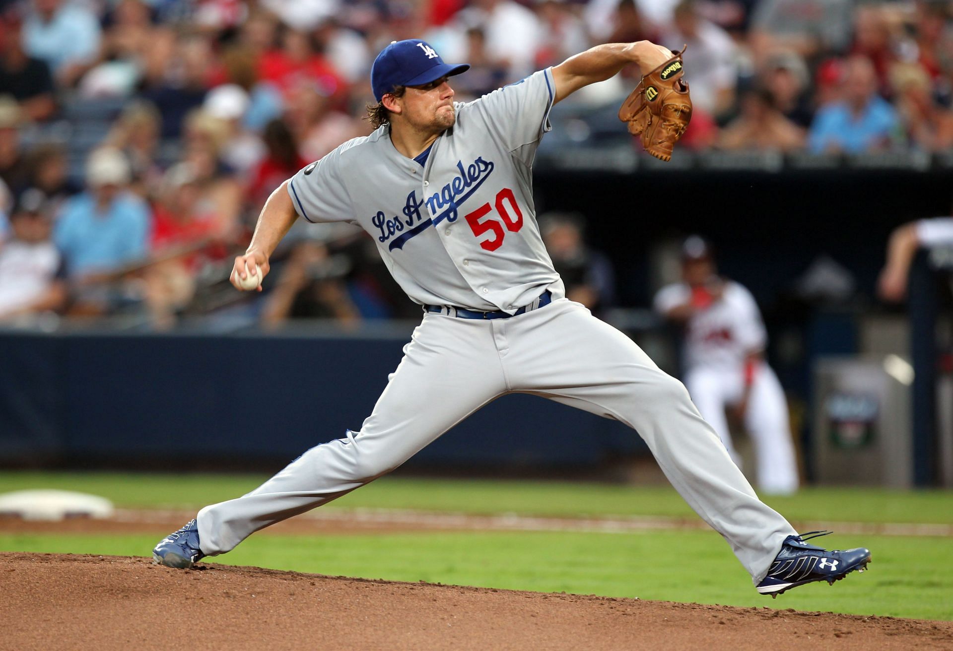 Nathan Eovaldi of the Los Angeles Dodgers pitches against the Atlanta Braves.