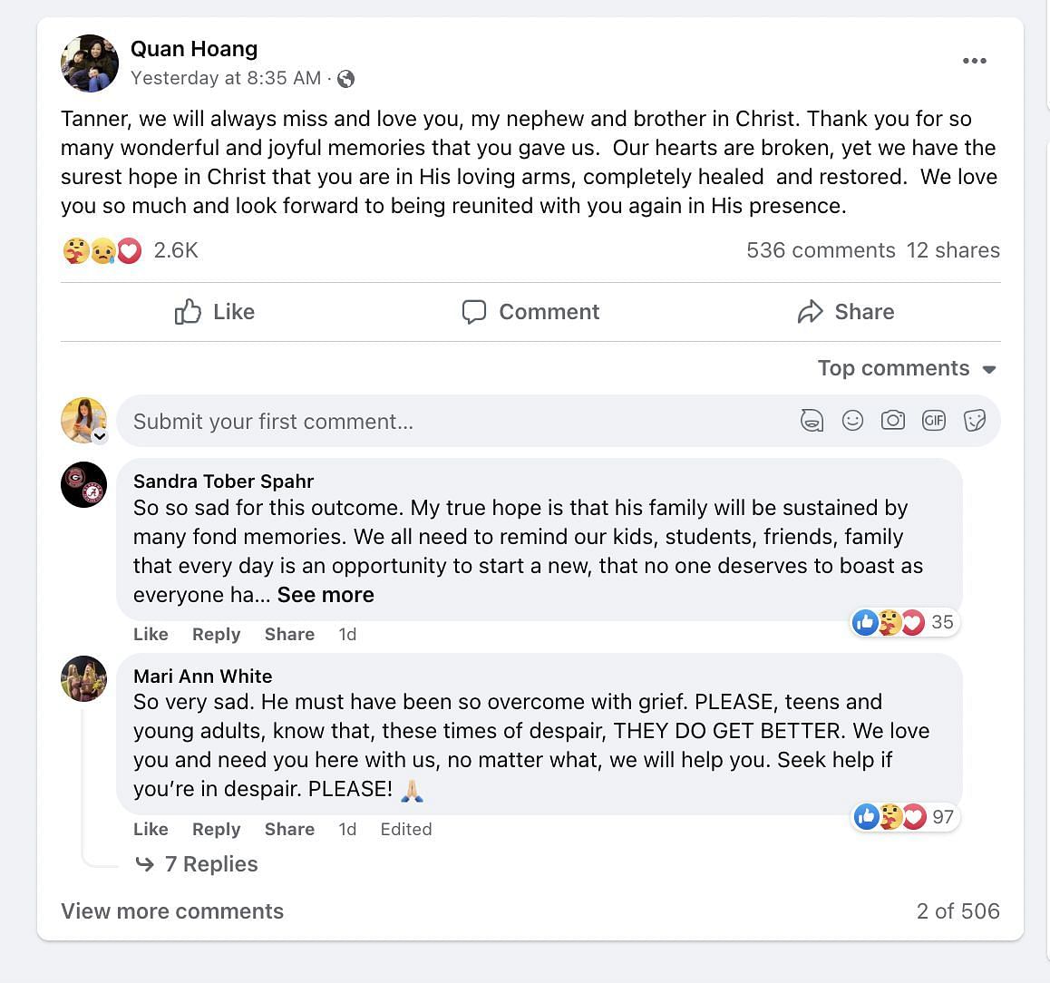 Tanner&rsquo;s uncle, Quan Hoang, shared a message paying his tribute to the deceased student. (Image via Facebook)