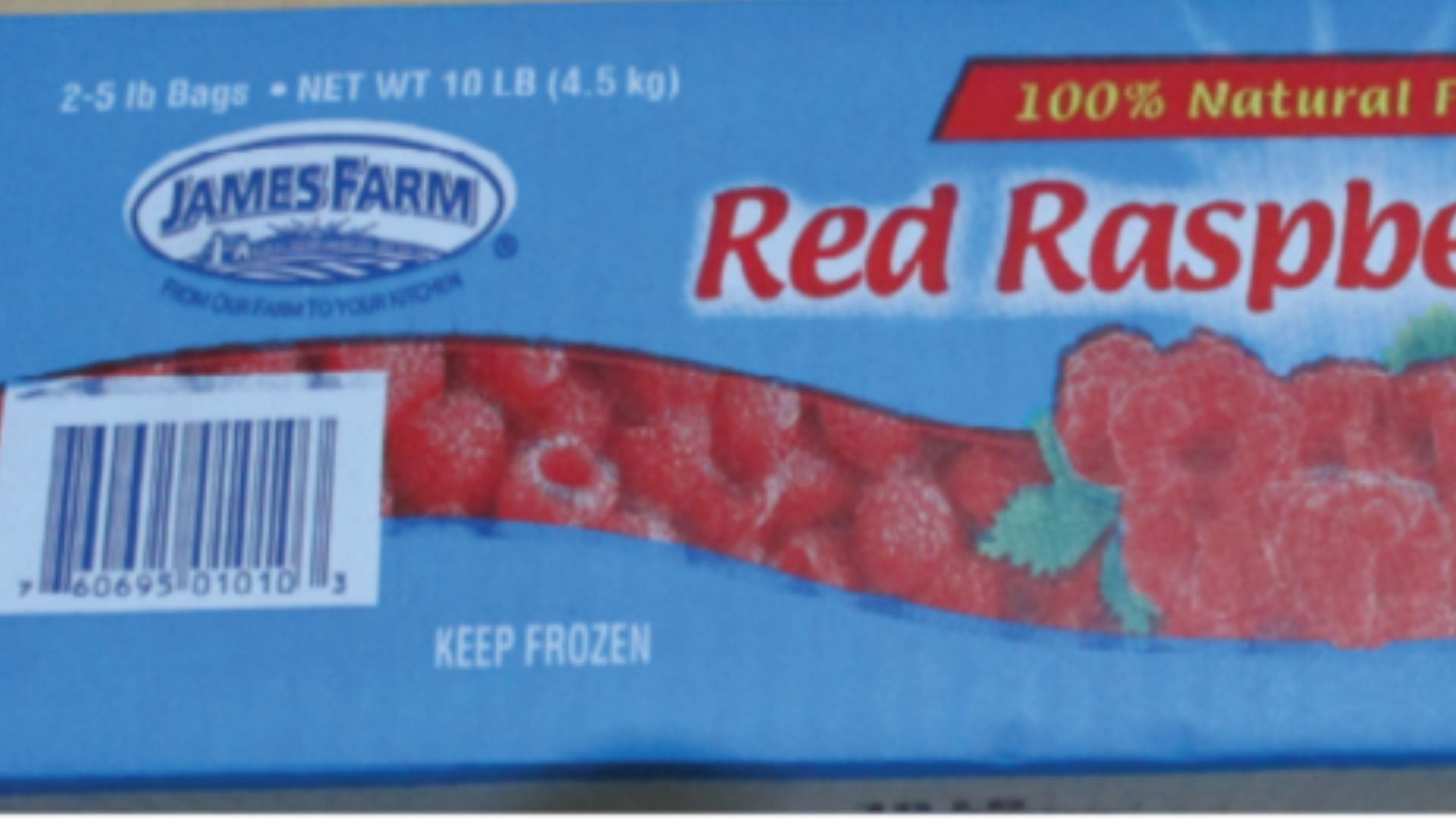 a recalled box of James Farms frozen raspberry with potential Hepatitis A contamination (Image via the U.S. Food and Drug Administration)
