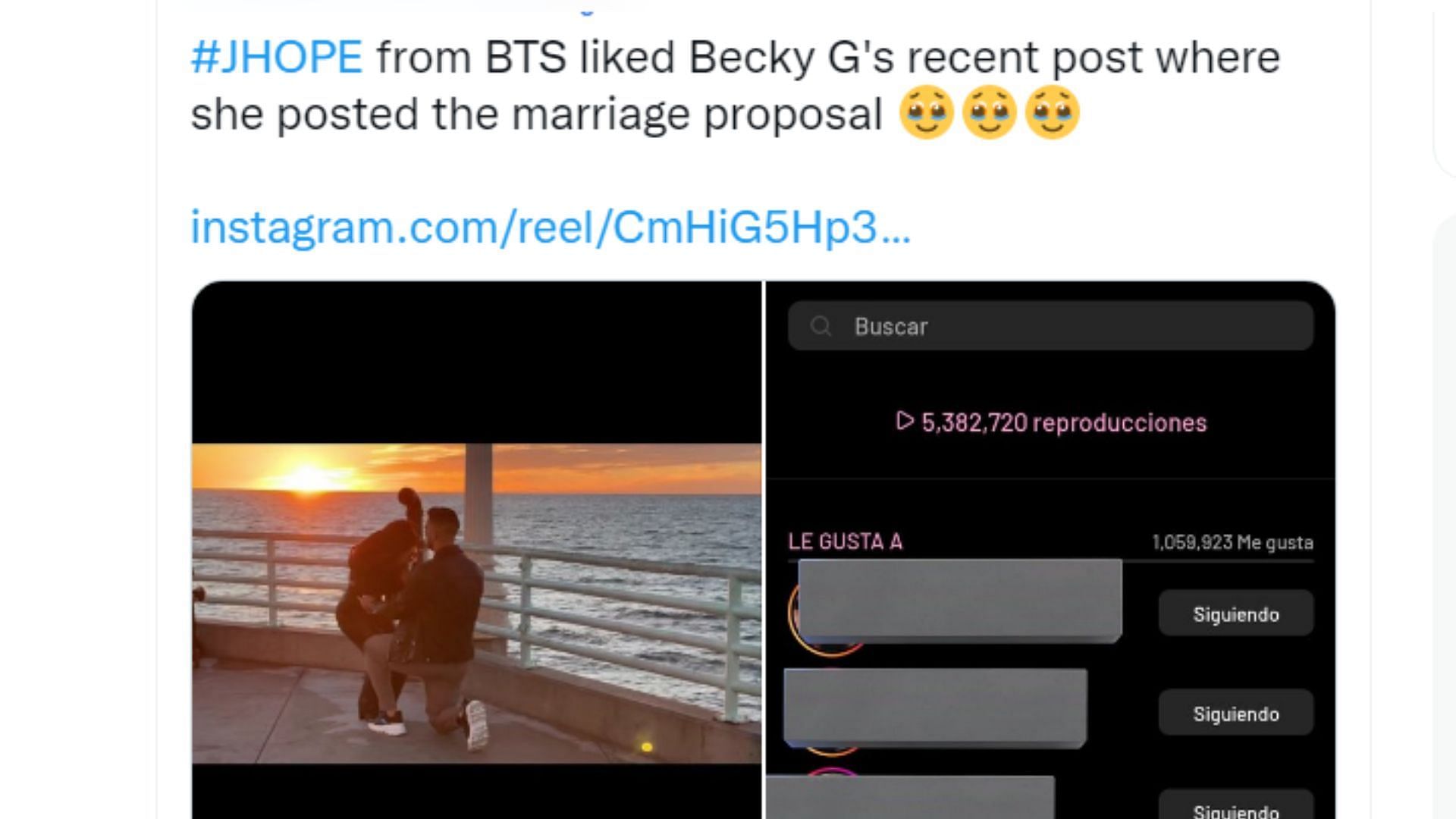 BTS&#039; j-hope reacts to Becky G&#039;s proposal (Image via Twitter)